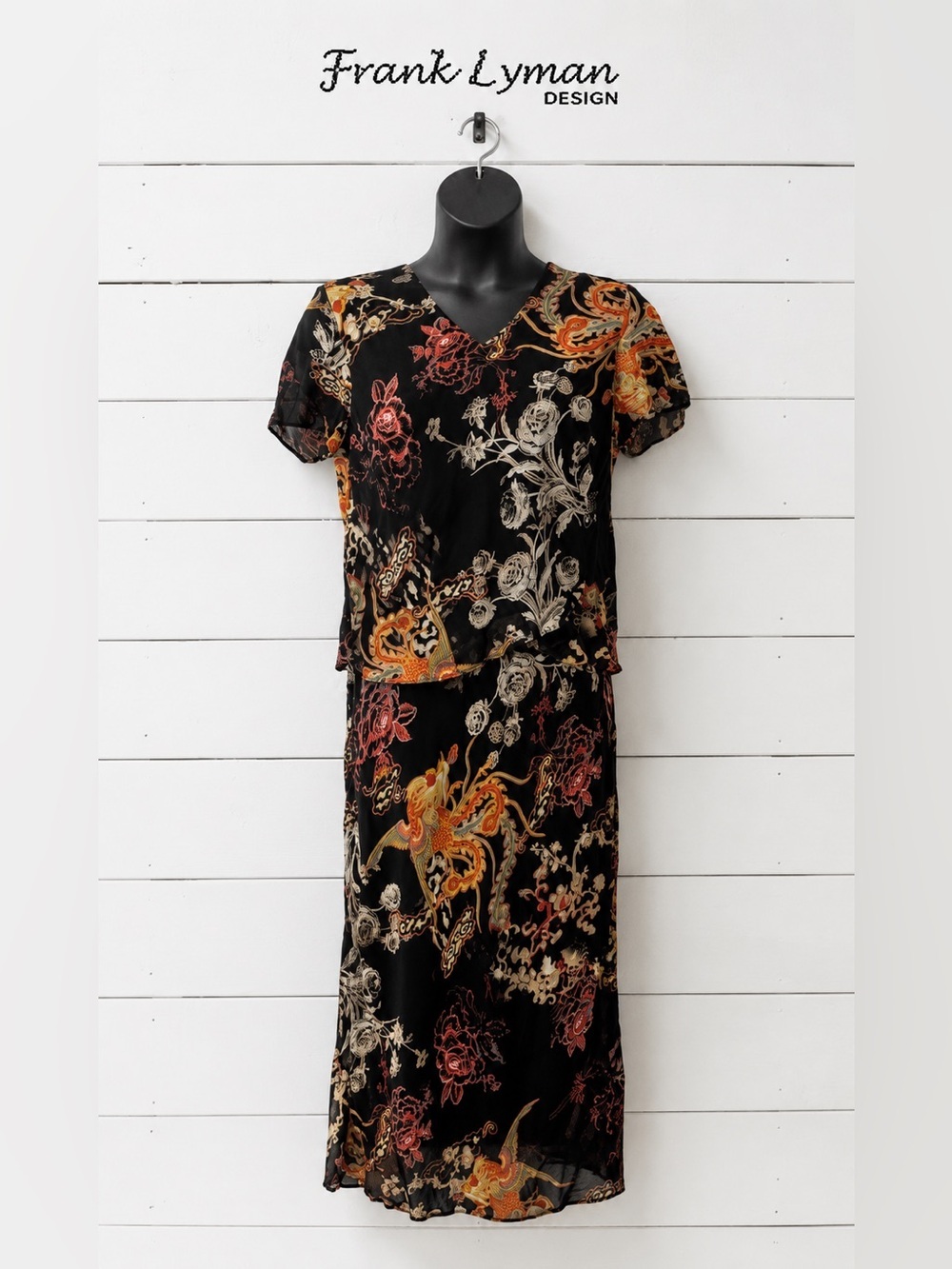 Frank Lyman Y2K Mesh Top & Skirt Set – Black Print – Size 12